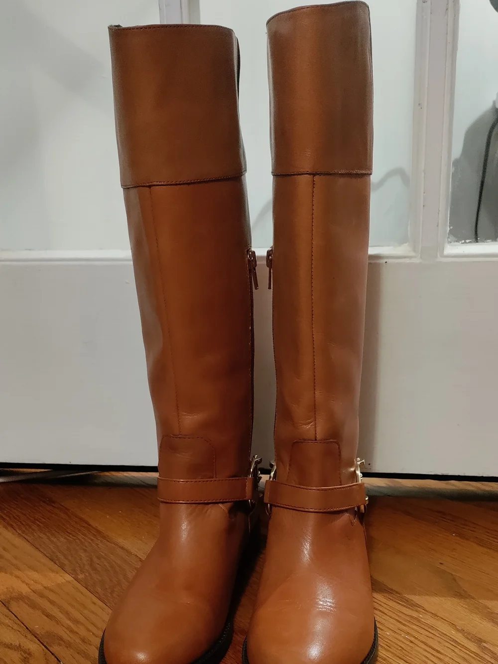Ralph Lauren Tan Leather Knee High Boots Size 6B Gold Chain Riding Boots